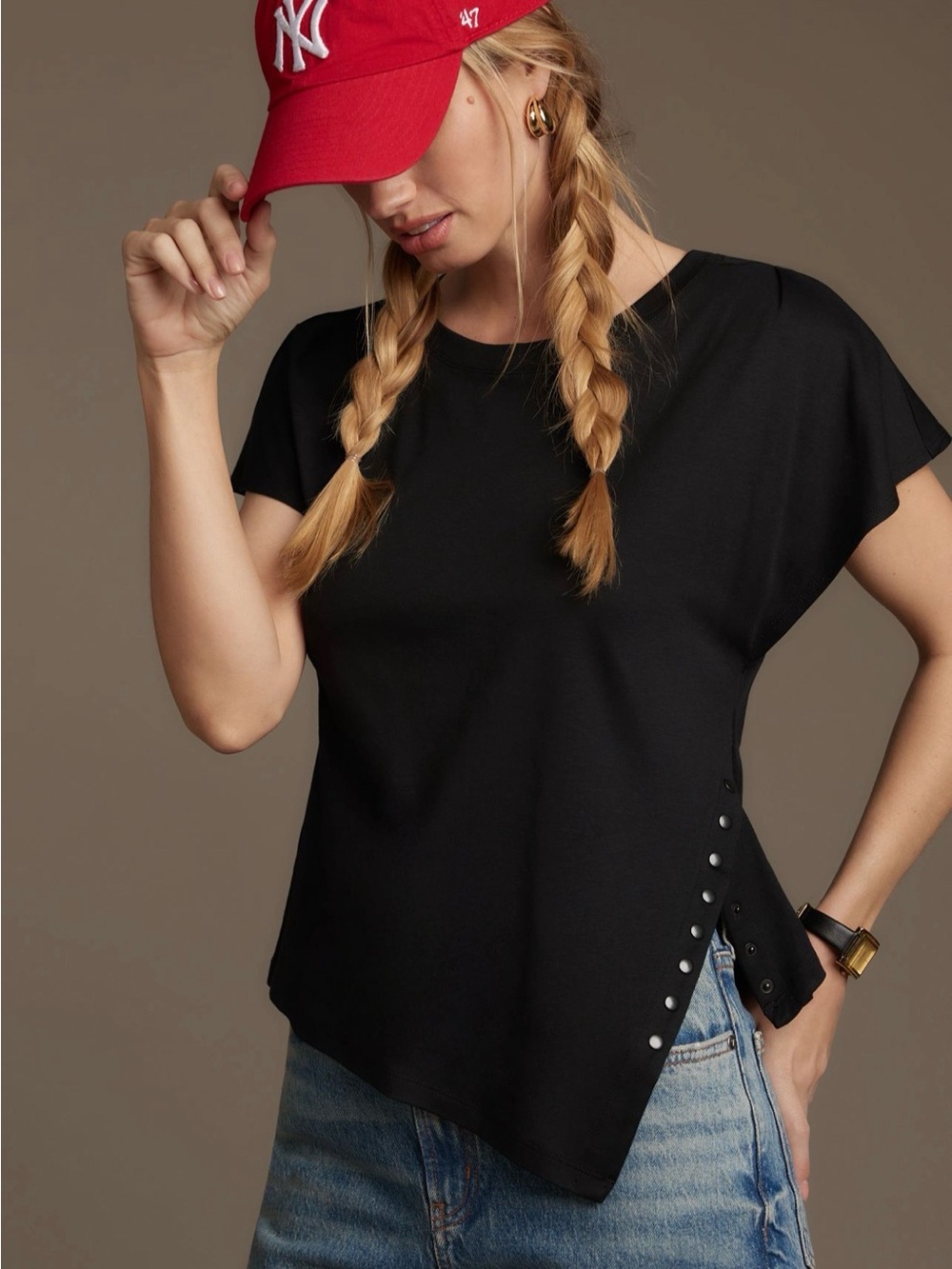 Anthropologie By Anthropologie Black Asymmetrical Snap Detail Top XS